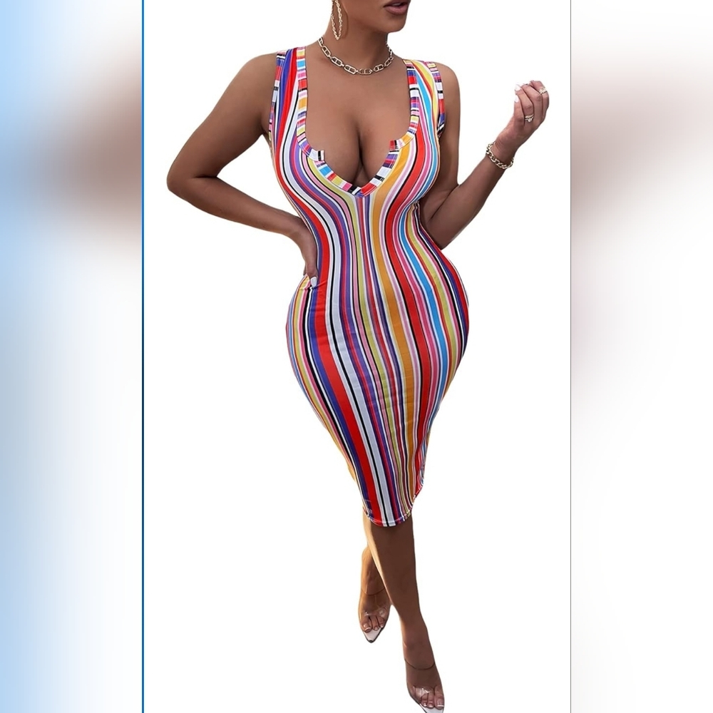 Women's Striped Print Sleeveless Notched Neck Bodycon Pencil Dress